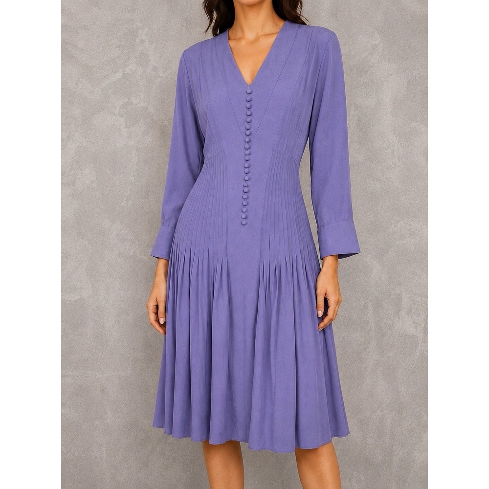 Carolina Herrera Silk Pleated Dress Womens 12 Purple V Neck Button Front Midi